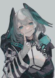 Rule 34 | 1girl, absurdres, aqua eyes, aqua wings, arknights, black jacket, breasts, commentary, feathered wings, fingerless gloves, gloves, grey background, grey hair, head tilt, head wings, highres, ho&#039;olheyak (arknights), infection monitor (arknights), jacket, medium breasts, miike (992058), shirt, short hair, sidelocks, simple background, sketch, smile, solo, striped clothes, striped jacket, upper body, white background, white jacket, white shirt, wings