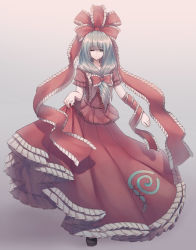 Rule 34 | 1girl, absurdres, arm ribbon, arms at sides, black footwear, bow, closed mouth, dress, footwear request, frills, front ponytail, full body, gradient background, green eyes, green hair, hair bow, hair ribbon, highres, kagiyama hina, one eye closed, puffy short sleeves, puffy sleeves, red dress, ribbon, short sleeves, simple background, skirt hold, solo, standing, standing on one leg, touhou