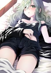 Rule 34 | + -, 1girl, absurdres, black shorts, black tank top, blush, breasts, eyebrows hidden by hair, green hair, hair between eyes, hand on own stomach, heterochromia, highres, jacket, kamatama, kuso zako choroin nishiga hachi, long hair, looking at viewer, lying, off shoulder, on back, on bed, parted lips, pillow, saiba mirai, shorts, small breasts, solo, tank top, under covers