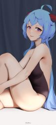 Rule 34 | 1girl, absurdres, ahoge, armpit crease, artist name, backless leotard, bare arms, bare legs, bare shoulders, black leotard, blue hair, breasts, from side, ganyu (genshin impact), genshin impact, goat horns, gradient eyes, hands on own legs, highres, horns, knee to chest, knee up, leotard, long hair, looking at viewer, medium breasts, multicolored eyes, parted lips, ponytail, purple eyes, sidelocks, sitting, smile, solo, strapless, strapless leotard, sunlight, thighs, wusie2
