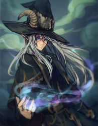 Rule 34 | 1boy, black capelet, black hat, blue eyes, capelet, closed mouth, grey hair, hair between eyes, hat, horns, horns through headwear, long hair, magic, male focus, master of epic, moekemari, pointy ears, sketch, smoke, solo, stitches, wizard, wizard hat