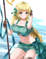 Rule 34 | 1girl, bare shoulders, bikini, blonde hair, blush, breasts, cleavage, commentary request, fire emblem, fire emblem: three houses, fire emblem heroes, green bikini, green eyes, green ribbon, green shorts, hair ribbon, highres, ingrid brandl galatea, kakiko210, large breasts, long hair, looking at viewer, navel, nintendo, off-shoulder bikini, off shoulder, official alternate costume, ribbon, short shorts, short sleeves, shorts, solo, stomach, swimsuit, thighs, very long hair