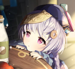 Rule 34 | 1girl, absurdres, apple, begging, black nails, blurry, blurry background, bottle, braid, braided ponytail, chinese clothes, coconut, commentary, food, fruit, genshin impact, hat, highres, kkopoli, nail polish, ofuda, parted lips, pink eyes, purple hair, qingdai guanmao, qiqi (genshin impact), solo, sparkle, sparkling eyes, watermark