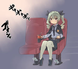 Rule 34 | &gt;:t, 10s, 1girl, :t, amaa (chou dennou jidai), anchovy (girls und panzer), bendy straw, blush, brown eyes, cup, drill hair, drinking straw, girls und panzer, green hair, hair ribbon, loafers, long hair, military, military uniform, necktie, pantyhose, ribbon, shoes, sitting, skirt, solo, trembling, twin drills, twintails, uniform, v-shaped eyebrows, white pantyhose