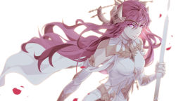 Rule 34 | bad id, bad pixiv id, breasts, cape, closed mouth, collared dress, dow (dow fighting), dress, elbow gloves, floating, floating hair, gem, gloves, glowing, glowing eyes, hair ornament, holding, karin (seven knights), looking at viewer, petals, red eyes, red hair, seven knights, simple background, small breasts, white background