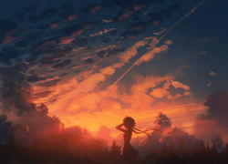 Rule 34 | 1girl, arm up, cloud, cloudy sky, contrail, dress, evening, facing away, floating hair, long hair, low twintails, original, outdoors, ryokucha manma, scenery, silhouette, sky, solo, sunset, twintails, wind
