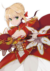 Rule 34 | &gt;:), 10s, 1girl, aestus estus, ahoge, blonde hair, breasts, cleavage, commentary request, dress, epaulettes, fate/extra, fate (series), fire, green eyes, hair bun, hair intakes, hair ribbon, highres, holding, holding sword, holding weapon, large breasts, leotard, looking at viewer, nero claudius (fate), nero claudius (fate) (all), nero claudius (fate/extra), nesume, red dress, ribbon, see-through, simple background, single hair bun, smile, solo, sword, v-shaped eyebrows, weapon, white background
