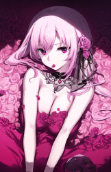 Rule 34 | 1girl, bare arms, breasts, cleavage, detached collar, dress, flower, hair flower, hair ornament, highres, hololive, hololive english, large breasts, long hair, looking at viewer, lying, mori calliope, mori calliope (party dress), on back, petals in mouth, pink eyes, pink flower, pink hair, pink rose, red dress, rose, solo, strapless, strapless dress, upper body, v arms, virtual youtuber, yaguo
