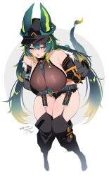 Rule 34 | 1girl, absurdres, alternate costume, amagami shinia, animal ears, anoyo (anoyode0), bare shoulders, breasts, commission, detached sleeves, garter straps, green eyes, green hair, hair between eyes, highres, huge breasts, indie virtual youtuber, large breasts, leotard, long hair, multicolored hair, open mouth, skeb commission, solo, tail, very long hair, virtual youtuber
