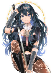 Rule 34 | 1girl, alternate hair length, alternate hairstyle, black shorts, blue eyes, blue hair, breasts, brown pantyhose, byleth (female) (fire emblem), byleth (fire emblem), cleavage, closed mouth, clothing cutout, detached collar, eyes visible through hair, fire emblem, fire emblem: three houses, hair between eyes, highres, holding, holding sword, holding weapon, lace, lace-trimmed legwear, lace trim, long hair, navel cutout, nintendo, pantyhose, pantyhose under shorts, print pantyhose, short shorts, short sleeves, shorts, simple background, sitting, smile, solo, sword, umou (user xxhp7583), weapon, white background