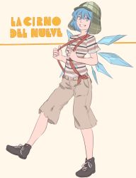 Rule 34 | 1girl, blue eyes, blue hair, boots, cirno, cosplay, el chavo, el chavo (cosplay), el chavo del 8, fairy, grin, hat, highres, ice, ice wings, looking at viewer, matching hair/eyes, mefomefo, no socks, parody, plaid, shirt, short hair, short sleeves, shorts, simple background, smile, solo, striped clothes, striped shirt, suspenders, text focus, touhou, translation request, wings
