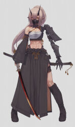 Rule 34 | 1girl, abs, absurdres, boots, chest sarashi, detached sleeves, dual wielding, fingerless gloves, full body, gloves, grey hair, high ponytail, highres, holding, holding sword, holding weapon, horns, katana, knee boots, mask, mechanical arms, midriff, mouth mask, ninja mask, original, pointy ears, prosthesis, prosthetic arm, sarashi, single bare shoulder, single glove, single mechanical arm, single sleeve, skirt, solo, sword, unzipped, weapon, wide sleeves, yasu (segawahiroyasu), yellow eyes