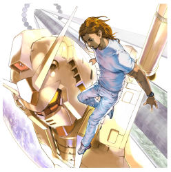 Rule 34 | 1boy, album cover, andrew wk, bad id, bad pixiv id, brown hair, colony, cover, denim, earth (planet), floating, gundam, gundam rock, highres, jeans, long hair, male focus, mecha, mobile suit gundam, pants, planet, robot, rx-78-2, shirt, shoes, sneakers, solo, space station, t-shirt, watch, yasuda akira