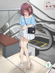 Rule 34 | 1girl, arm at side, artist name, bag, bench, blue shirt, blush, cellphone, clothes writing, collarbone, embarrassed, escalator, female focus, flat chest, full body, glasses, handbag, heel up, highres, indoors, japanese text, kakuremino7928, knees together feet apart, legs, looking to the side, miniskirt, nail polish, one eye closed, open mouth, orange eyes, original, phone, pink nails, pleated skirt, public indecency, purple hair, raised eyebrows, red-framed eyewear, remote control vibrator, sandals, semi-rimless eyewear, sex toy, shirt, shirt tucked in, short hair, short sleeves, shoulder bag, sidelocks, sign, signature, skirt, smartphone, solo, speech bubble, stairs, standing, sweat, thighs, tile floor, tiles, toenail polish, toenails, translation request, trembling, twitter username, vibrator, vibrator under clothes, white footwear, white skirt, wince