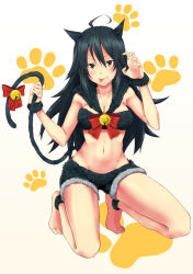 Rule 34 | 1girl, ahoge, animal ears, animal hands, barefoot, bell, black hair, breasts, cat ears, cat paws, cat tail, chokuro, cleavage, collarbone, fang, fur, groin, highres, jingle bell, long hair, navel, original, paw pose, scrunchie, short shorts, shorts, sidelocks, solo, tail, tongue, tongue out, wrist scrunchie