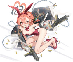 Rule 34 | 1girl, ahoge, aiming, animal ears, bare shoulders, black jacket, blue archive, blush, bow, bowtie, braid, breasts, chain, cleavage, clothes pull, collarbone, detached collar, earrings, fake animal ears, fang, floral print, full body, gun, hair between eyes, halo, high heels, highres, holding, holding gun, holding weapon, huge ahoge, jacket, jacket pull, jewelry, leotard, looking away, multicolored clothes, multicolored jacket, nemo (leafnight), neru (blue archive), neru (bunny) (blue archive), off shoulder, official alternate costume, open clothes, open jacket, open mouth, orange hair, oversized breast cup, playboy bunny, red bow, red bowtie, red eyes, red footwear, red leotard, shell casing, short hair, side braid, sig mpx, simple background, single braid, sitting, sleeves past wrists, small breasts, smile, solo, stud earrings, submachine gun, two-tone jacket, weapon, white background, white jacket