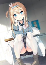 Rule 34 | 1girl, black shirt, black skirt, blonde hair, blue eyes, blue hairband, blue jacket, blurry, blurry background, blush, boots, brown footwear, collared shirt, commentary request, depth of field, dress shirt, dutch angle, fur-trimmed jacket, fur trim, girls&#039; frontline, gun, hair between eyes, hair ornament, hairband, highres, indoors, jacket, knees up, long hair, ochinsama, off shoulder, one side up, pleated skirt, shirt, skirt, snowflake hair ornament, solo, squatting, submachine gun, suomi (girls&#039; frontline), suomi kp/-31, thighhighs, thighhighs under boots, very long hair, weapon, white jacket, white thighhighs
