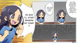 Rule 34 | 1girl, artist self-insert, black eyes, black hair, blue shirt, clenched hands, comic, commentary, english text, open mouth, original, paper, pen, pikat, round teeth, shirt, smile, solo, teeth, wall of text, watermark, web address