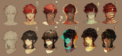 Rule 34 | 2boys, absurdres, backlighting, black hair, brown background, closed mouth, colored inner hair, commentary, cropped shoulders, dappled sunlight, english commentary, highres, looking at viewer, male focus, multicolored hair, multiple boys, original, pigeon666, portrait, purple eyes, red eyes, red hair, sidelocks, simple background, smile, sunlight, underlighting, yellow eyes