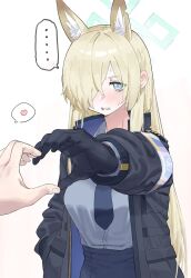 Rule 34 | ..., 1girl, animal ear fluff, animal ears, armband, bags under eyes, black gloves, blonde hair, blue archive, blue armband, blue eyes, blue necktie, blue shirt, blush, breasts, clenched teeth, cowboy shot, dog ears, dress shirt, ear blush, gloves, hair over one eye, halo, hand in pocket, heart, heart hands, heart hands duo, highres, jacket, kanna (blue archive), large breasts, long bangs, long hair, long sleeves, lonklink, necktie, notched ear, open clothes, open jacket, out of frame, parted bangs, pencil skirt, sharp teeth, shirt, shirt tucked in, shoulder pads, skirt, spoken blush, spoken ellipsis, spoken heart, sweatdrop, teeth, tented shirt