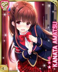 Rule 34 | 1girl, :o, amatsu kanata, armband, blazer, blue jacket, bow, bowtie, brown hair, card, character name, day, girlfriend (kari), indoors, jacket, long hair, official art, open mouth, plaid, plaid skirt, qp:flapper, red armband, red bow, red eyes, red skirt, school uniform, shirt, skirt, solo, stage, standing, tagme, white shirt