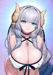 Rule 34 | 1girl, bikini, blue background, blue eyes, breasts, cleavage, earrings, grey hair, hanging breasts, highres, horns, jewelry, kerinyan, large breasts, leaning forward, long hair, looking at viewer, mole, mole on breast, necklace, open mouth, original, pointy ears, solo, swimsuit, sylphy (kerinyan), white bikini