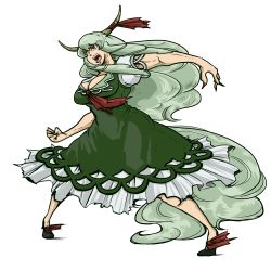 Rule 34 | 1girl, breasts, cleavage, clenched hand, dress, ex-keine, female focus, fingernails, full body, green hair, highres, horn ornament, horn ribbon, horns, kamishirasawa keine, large breasts, long hair, red eyes, ribbon, sharp fingernails, solo, tadashi, touhou, transparent background, very long hair