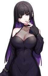Rule 34 | 1girl, absurdres, arm at side, bare shoulders, belt, black dress, black hair, black nails, blunt bangs, bocchi the rock!, breasts, cleavage, colored inner hair, covered navel, detached sleeves, dress, ear bar, earrings, grey eyes, hand up, head tilt, highres, jewelry, kushinaka, large breasts, long hair, looking at viewer, mouth piercing, multicolored hair, open mouth, pa-san, sidelocks, simple background, sleeveless, sleeveless dress, solo, stud earrings, upper body, white background