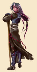 Rule 34 | 1boy, bad id, bad pixiv id, belt, black hair, boots, full body, gloves, gradient hair, highres, knee boots, long hair, low-tied long hair, male focus, multicolored hair, original, pants, purple hair, red eyes, shuri yasuyuki, simple background, smile, solo, staff, yellow background