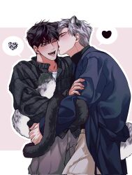Rule 34 | 2boys, animal ears, black shirt, blue coat, blush, brown hair, brown pants, cat ears, cat tail, closed eyes, coat, corrupted twitter file, cowboy shot, dana 1chabl, grey hair, heart, highres, ilay riegrow, jeong taeui, licking, licking another&#039;s cheek, licking another&#039;s face, long sleeves, male focus, multiple boys, one eye closed, open mouth, outline, pants, passion (manhwa), shirt, smile, snow leopard ears, snow leopard tail, spoken heart, tail, white outline