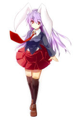 Rule 34 | 1girl, animal ears, black thighhighs, blazer, dress shirt, female focus, full body, highres, jacket, loafers, long hair, necktie, pleated skirt, purple hair, rabbit ears, red eyes, red necktie, reisen udongein inaba, shirt, shoes, simple background, skirt, solo, standing, thighhighs, touhou, ut pictura poesis, zettai ryouiki