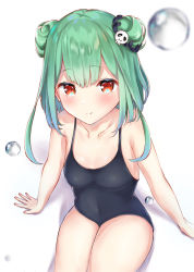 Rule 34 | 1girl, bad id, bad pixiv id, black one-piece swimsuit, blush, breasts, collarbone, covered navel, double bun, green hair, hair bun, hair ornament, highres, hololive, legs together, looking at viewer, medium hair, one-piece swimsuit, red eyes, school swimsuit, shadow, simple background, sitting, skull hair ornament, small breasts, smile, solo, swimsuit, taracomax, thighs, uruha rushia, virtual youtuber, water drop, white background