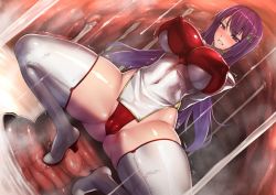 Rule 34 | 1girl, blush, boots, breasts, cameltoe, cleft of venus, covered erect nipples, cum, cum bath, high heel boots, high heels, highleg, highleg leotard, impossible clothes, inside creature, large breasts, leotard, long hair, original, purple eyes, purple hair, rindou (radical dream), shiny clothes, skin tight, solo, thigh boots, thighhighs, thong leotard, zettai ryouiki