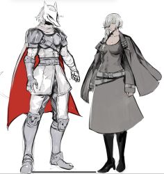 Rule 34 | 1boy, 1girl, armored boots, bandaged arm, bandages, belt, black footwear, black jacket, boots, breasts, cape, cleavage, collarbone, dress, fingerless gloves, full body, gloves, grey belt, grey cape, grey dress, grey eyes, grey hair, grey pants, highres, jacket, jacket on shoulders, knee boots, large breasts, long hair, looking at viewer, mask, open clothes, open jacket, original, pants, red cape, short hair, shoulder plates, simple background, standing, two-tone cape, yourfreakyneighbourh