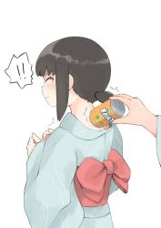 Rule 34 | !, !!, 1girl, 1other, alternate costume, black hair, can, closed eyes, commentary request, cowboy shot, drink can, fanta, from behind, fubuki (kancolle), grey kimono, japanese clothes, kantai collection, kimono, long hair, low ponytail, ponytail, short ponytail, sidelocks, soda can, toplow, yukata
