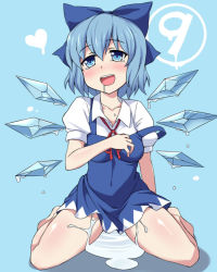 Rule 34 | 1girl, bare legs, blue eyes, blue hair, blush, bow, breasts, circled 9, cirno, collarbone, female focus, hair bow, happy, ice, ice wings, matching hair/eyes, melting, open mouth, sama samasa, sexually suggestive, short hair, simple background, smile, solo, spread legs, strap slip, suggestive fluid, thighs, touhou, water, wings