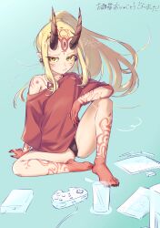 1girl absurdres barefoot bikini bikini_under_clothes blonde_hair book controller cup drinking_glass drinking_straw fang fate/grand_order fate_(series) fingernails game_controller highres horns ibaraki_douji_(fate) nupy22 ponytail red_shirt sharp_fingernails shirt sitting sketchbook skin_fang swimsuit yellow_eyes