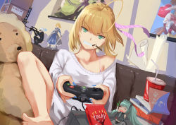 Rule 34 | 1girl, absurdres, ahoge, alternate costume, artoria pendragon (all), artoria pendragon (fate), barefoot, blonde hair, bra, bra strap, clenched teeth, controller, dutch angle, fate/stay night, fate (series), feet, figure, food, game console, game controller, gamepad, green eyes, hatsune miku, head tilt, highres, looking at viewer, magic (artist), magic (pixiv 10531641), nail polish, off shoulder, pink bra, playing games, pocky, poster (medium), poster (object), saber (fate), shiny skin, short hair, solo, stuffed animal, stuffed toy, sweater, teeth, toes, underwear, vocaloid, white sweater, xbox