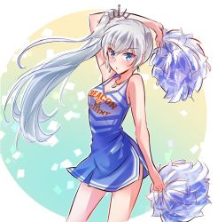 Rule 34 | 1girl, blue eyes, breasts, cheerleader, cleavage, iesupa, jewelry, long hair, necklace, pom pom (cheerleading), ponytail, rwby, scar, scar across eye, scar on face, side ponytail, solo, weiss schnee, white hair