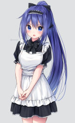 Rule 34 | 1girl, apron, bad id, bad pixiv id, black bow, black dress, black hairband, blue eyes, blue hair, bow, collared dress, commentary request, cowboy shot, dress, frilled apron, frills, grey background, hair bow, hairband, high ponytail, interlocked fingers, long hair, maid, maid apron, mifuyu (princess connect!), own hands together, pleated dress, ponytail, princess connect!, puffy short sleeves, puffy sleeves, short sleeves, sidelocks, simple background, solo, standing, twitter username, very long hair, white apron, yumoran