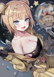 Rule 34 | 1girl, absurdres, ayaoshiro, blonde hair, blue eyes, breasts, cleavage, double bun, hair bun, highres, hololive, hololive english, holomyth, large breasts, looking at viewer, medium breasts, medium hair, open clothes, open mouth, smile, solo, virtual youtuber, water, watson amelia, watson amelia (astronaut)