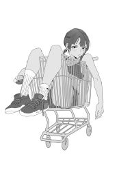 Rule 34 | 1girl, bare arms, bare shoulders, closed mouth, greyscale, gym shorts, highres, in shopping cart, looking at viewer, low twintails, monochrome, nekohara peninsula, original, shoes, shopping cart, short hair, shorts, simple background, sitting, socks, solo, sports bra, twintails, white background