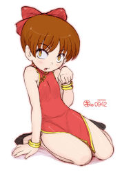 Rule 34 | 1girl, bow, china dress, chinese clothes, dated, dress, female focus, gegege no kitarou, kei jiei, nekomusume, pink bow, red dress, sitting, sketch, solo, toei animation, white background