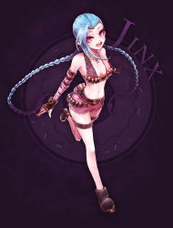 Rule 34 | 1girl, :d, bare shoulders, beancurd, belt, black gloves, blue hair, blush, braid, breasts, character name, elbow gloves, fingerless gloves, gloves, hairline, highres, jinx (league of legends), league of legends, leg up, long hair, looking at viewer, midriff, navel, open mouth, purple eyes, short sleeves, small breasts, smile, solo, standing, standing on one leg, thigh strap, twin braids, very long hair