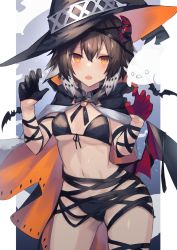 Rule 34 | 1girl, alternate costume, animal, arknights, asymmetrical gloves, bag, bat wings, bikini, black bikini, black cape, black gloves, black hat, blush, breasts, brown hair, cape, claw pose, commentary, cowboy shot, demon horns, fang, feather hair, front-tie bikini top, front-tie top, gloves, hair between eyes, halloween costume, hat, highres, horns, looking at viewer, mismatched gloves, multicolored hair, navel, open mouth, plume (arknights), red gloves, sasa onigiri, short hair, small breasts, solo, stomach, streaked hair, swimsuit, v-shaped eyebrows, white hair, wings, witch hat, yellow eyes
