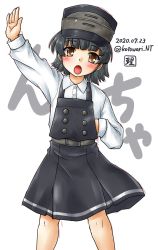 Rule 34 | 1girl, arare (kancolle), arare kai ni (kancolle), artist logo, black hair, brown eyes, commentary request, dated, dress, feet out of frame, hand up, hat, highres, kantai collection, kotowari (newtype kenkyuujo), long sleeves, one-hour drawing challenge, open mouth, pinafore dress, shirt, short hair, sleeveless, sleeveless dress, solo, text background, twitter username, white background, white legwear, white shirt