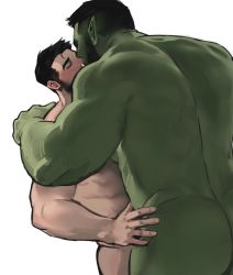 Rule 34 | 2boys, ass, back, bara, beard, black hair, blush, colored skin, completely nude, dopey (dopq), closed eyes, facial hair, fangs, from behind, green skin, highres, interspecies, kiss, male focus, monster boy, multiple boys, muscular, muscular male, nude, orc, original, pectorals, pointy ears, short hair, sidepec, size difference, thick eyebrows, undercut, yaoi
