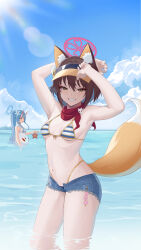 Rule 34 | 2girls, :d, absurdres, adjusting clothes, adjusting headwear, animal, animal ear fluff, animal ears, arm behind head, armpits, arms up, ball, beachball, bikini, blue archive, blue hair, blue sky, blurry, breasts, brown eyes, brown hair, chise (blue archive), chise (swimsuit) (blue archive), cleavage, cloud, cloudy sky, commentary request, denim, denim shorts, depth of field, eyeshadow, flower, fox ears, fox girl, fox tail, guntree, hair flower, hair ornament, halo, highres, holding, holding animal, holding ball, holding beachball, horns, in water, izuna (blue archive), izuna (swimsuit) (blue archive), long hair, looking at viewer, makeup, medium hair, mountainous horizon, multiple girls, navel, ocean, official alternate costume, official alternate hairstyle, one side up, oni horns, open mouth, outdoors, parted lips, partial commentary, red eyes, red eyeshadow, red scarf, scarf, see-through camisole, shallow water, short shorts, shorts, side ponytail, sidelocks, sky, sleeveless, small breasts, smile, solo focus, starfish, stomach, striped bikini, striped clothes, sun, sunlight, swimsuit, tail, visor cap, water