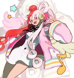 Rule 34 | 1girl, asymmetrical wings, citi (shirosora), dress, hair rings, headphones, long hair, long sleeves, looking at viewer, microdress, mismatched wings, multicolored hair, musical note, one piece, one piece film: red, open mouth, pink wings, purple eyes, red hair, smile, star (symbol), twintails, two-tone hair, uta (one piece), white dress, white hair, wings, yellow wings
