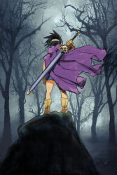 1girl bare_tree black_hair boots cape commentary_request dragon_quest dragon_quest_iii from_behind full_body heroine_(dq3) highres holding holding_sword holding_weapon muramasa_mikado on_rock outdoors purple_cape solo spiked_hair standing sword tree weapon